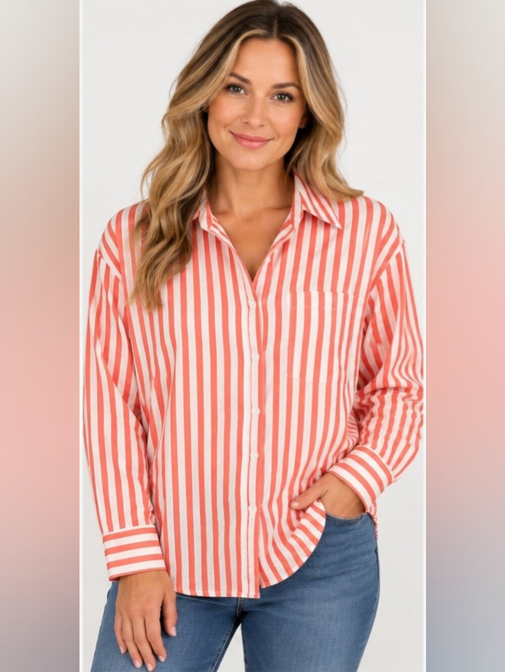 Old Navy The Boyfriend Shirt Sz Medium Button Down Long Sleeve Striped Red